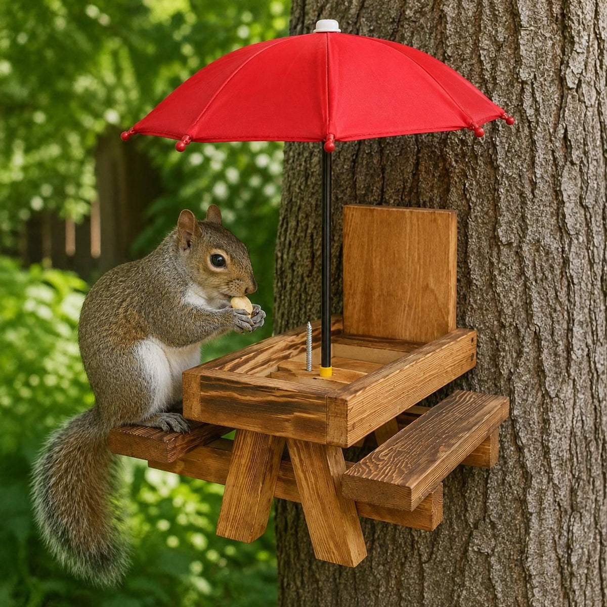 Wooden Squirrel Picnic Table Feeder with Red Umbrella, Corn Cob Holder and Two Benches for Outdoor Wildlife Feeding