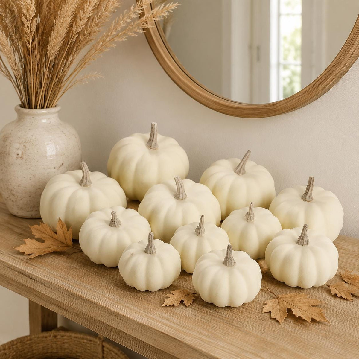 Mini Ivory Pumpkin Set of 10, Foam Pumpkins for Painting, Neutral Harvest Tabletop Mantel and Fall Centerpiece Decor