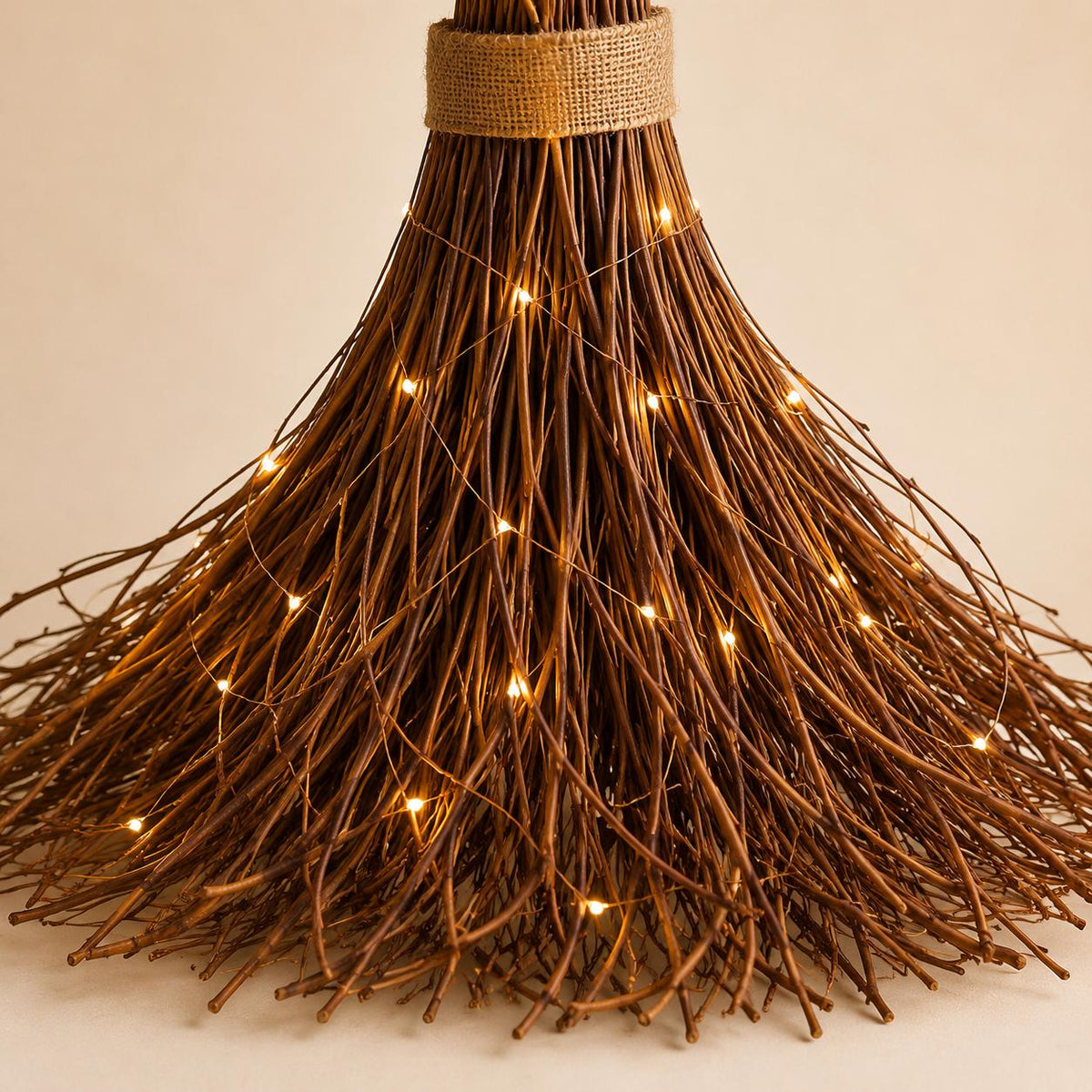6 Ft Lighted Witch Broom, Giant Halloween Porch Decor, Oversized Rustic Broomstick with Warm Lights and Black Maple Leaves
