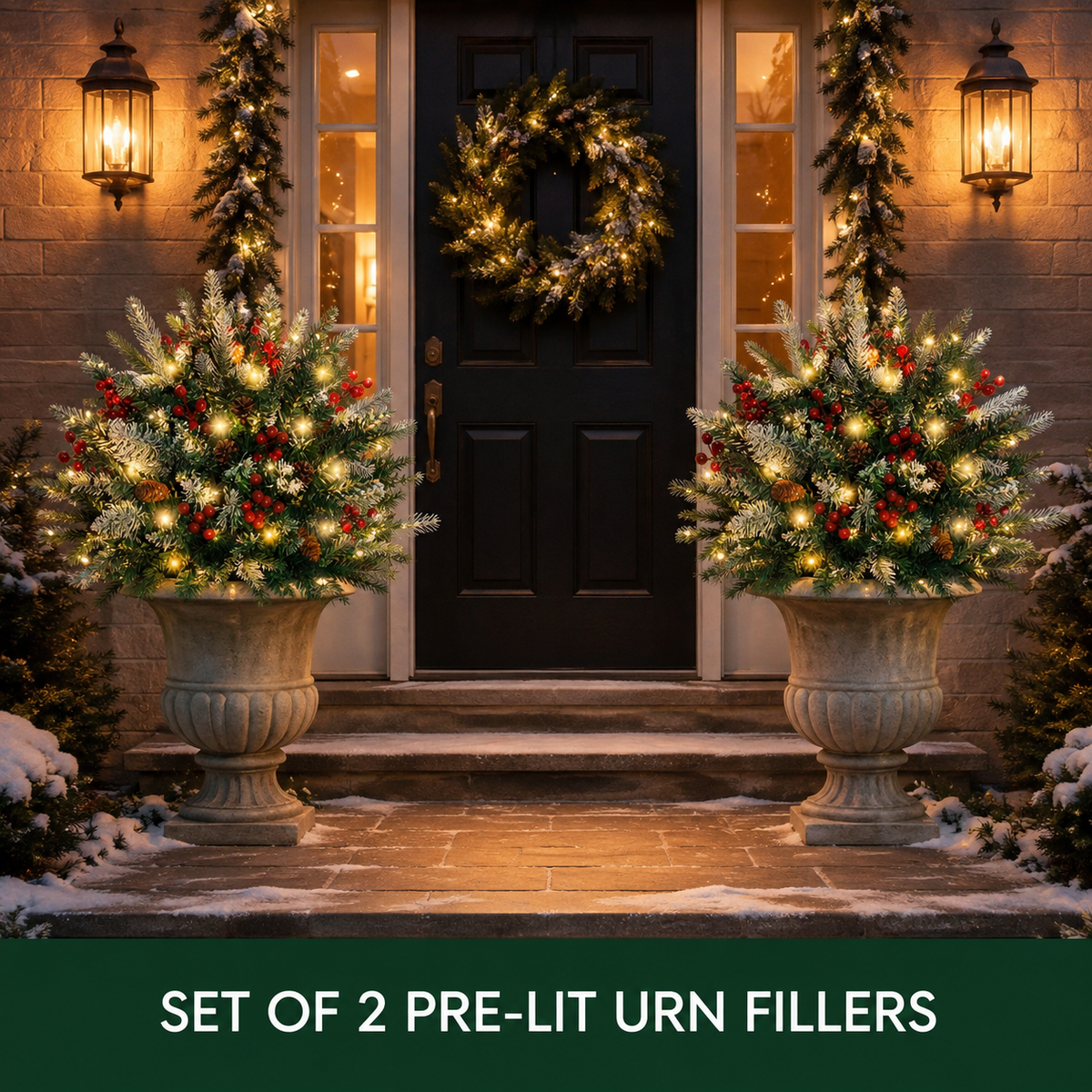 Set of 2 Pre-Lit Snowy Christmas Urn Fillers, 24-Inch Warm White LED Pine Planter Inserts with Timer