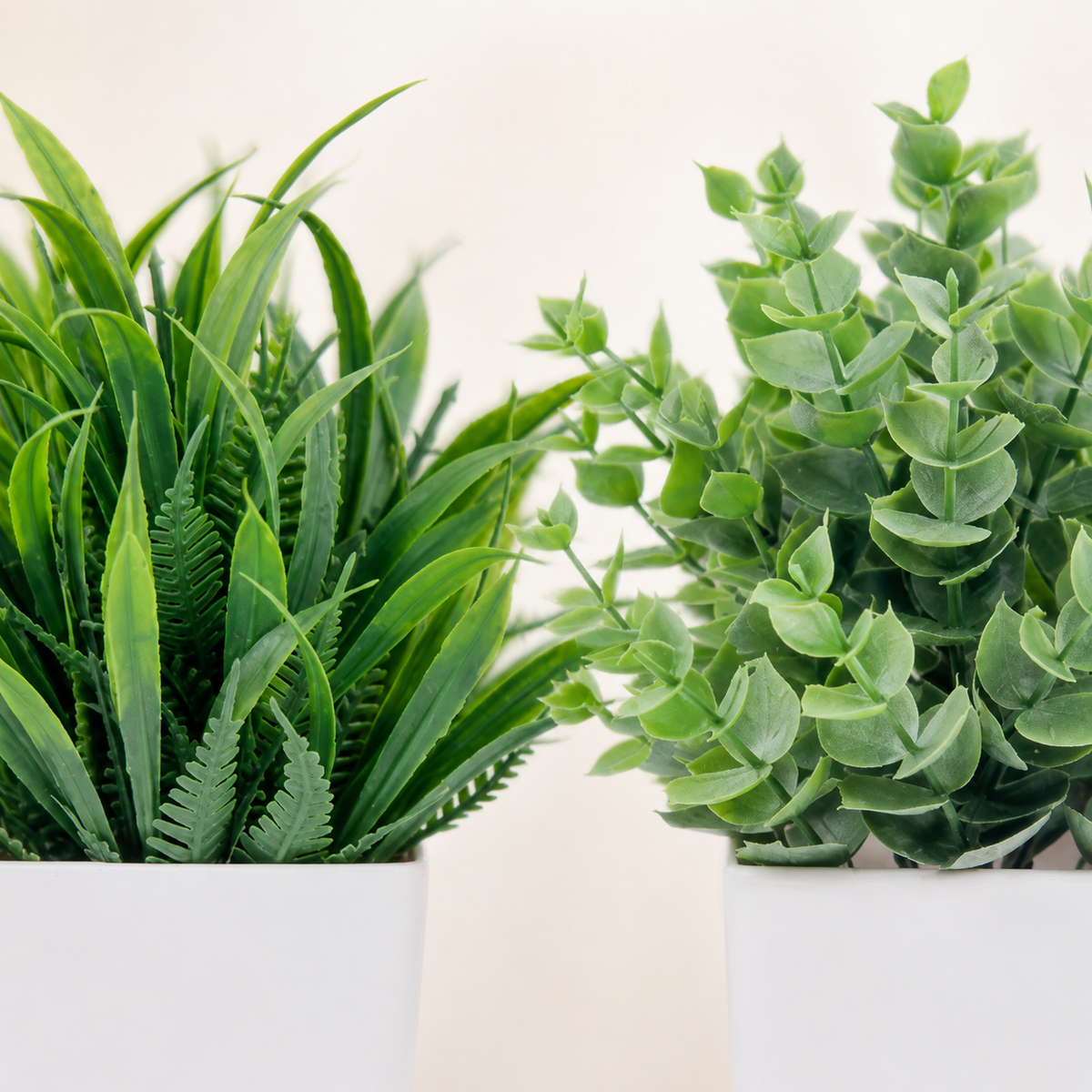 Set of 2 Mini Faux Plants in White Pots, Gray Green Eucalyptus and Grass Shelf Decor — foliage detail