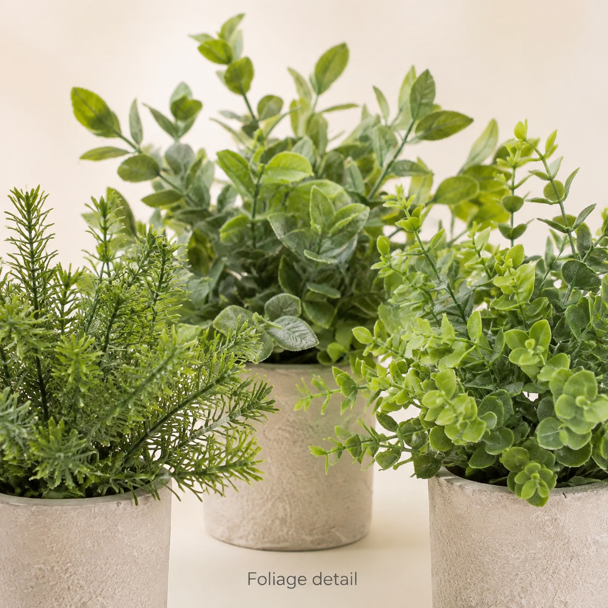 Set of 3 Mini Faux Plants in Paper Pulp Pots, Sage Green Shelf and Desk Greenery — foliage detail