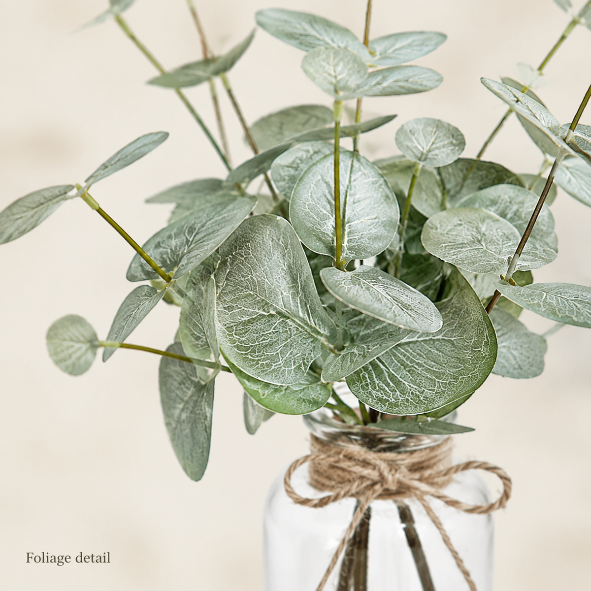 Faux Eucalyptus Arrangement in Glass Vase with Faux Water, 13.5 Inch Sage Green Table Decor — foliage detail
