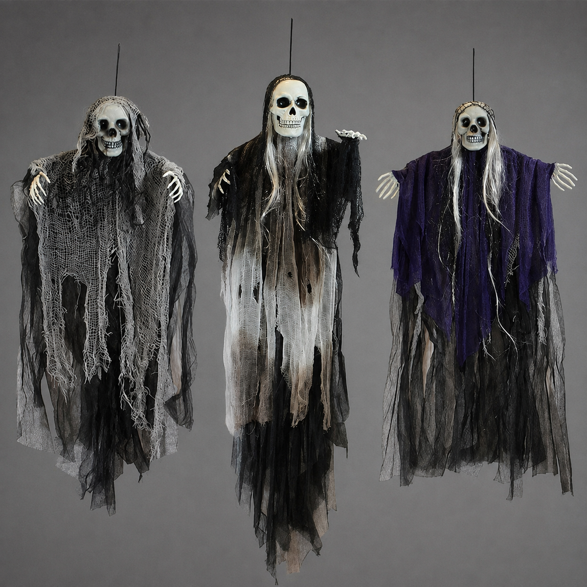 Set of 3 Hanging Grim Reapers, Skull Ghost Decorations in Gray Black and Purple for Halloween, product view 10