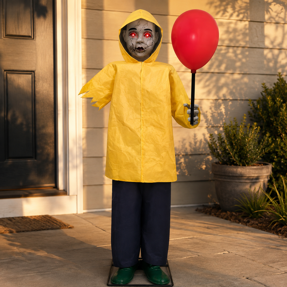 Yellow Raincoat Zombie Child with Red Balloon, 49 Inch Light Up Halloween Porch Decoration, product view 10