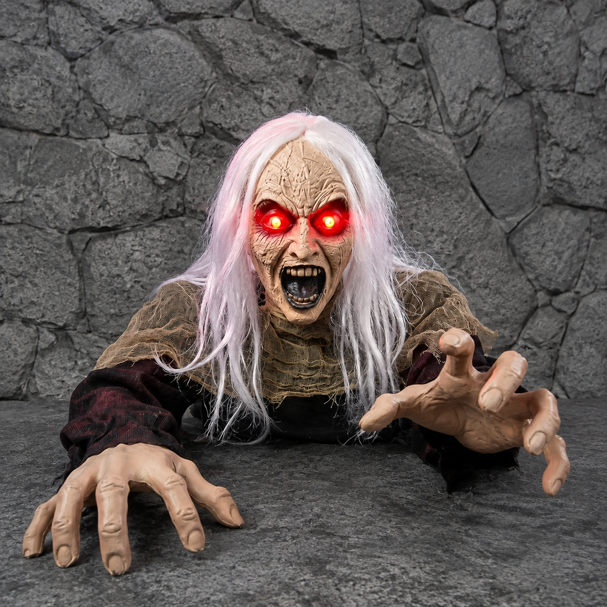 White Haired Zombie Groundbreaker with Red Light Up Eyes and Sound, Halloween Garden Prop, product view 10
