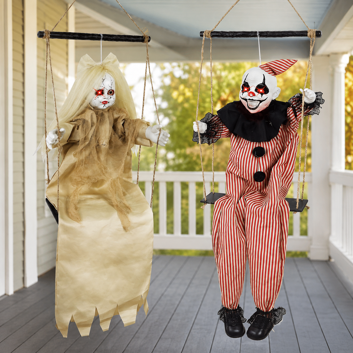 Set of 2 Hanging Clown and Doll Swing Decorations with Red Eye Lights and Sound for Halloween, product view 10