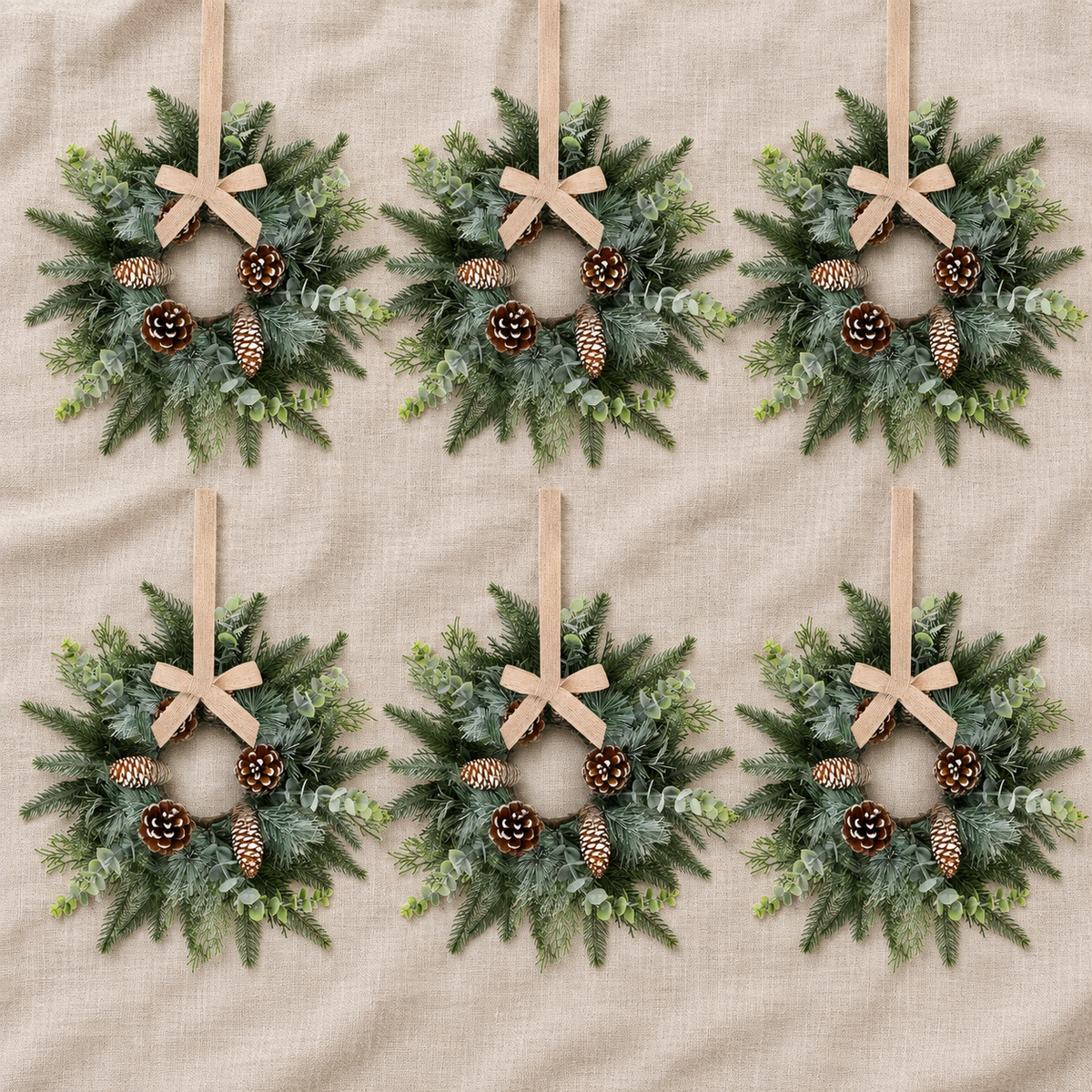 Set of 6 Mini Christmas Cabinet Wreaths with Burlap Bows, Frosted Greenery and Pinecones
