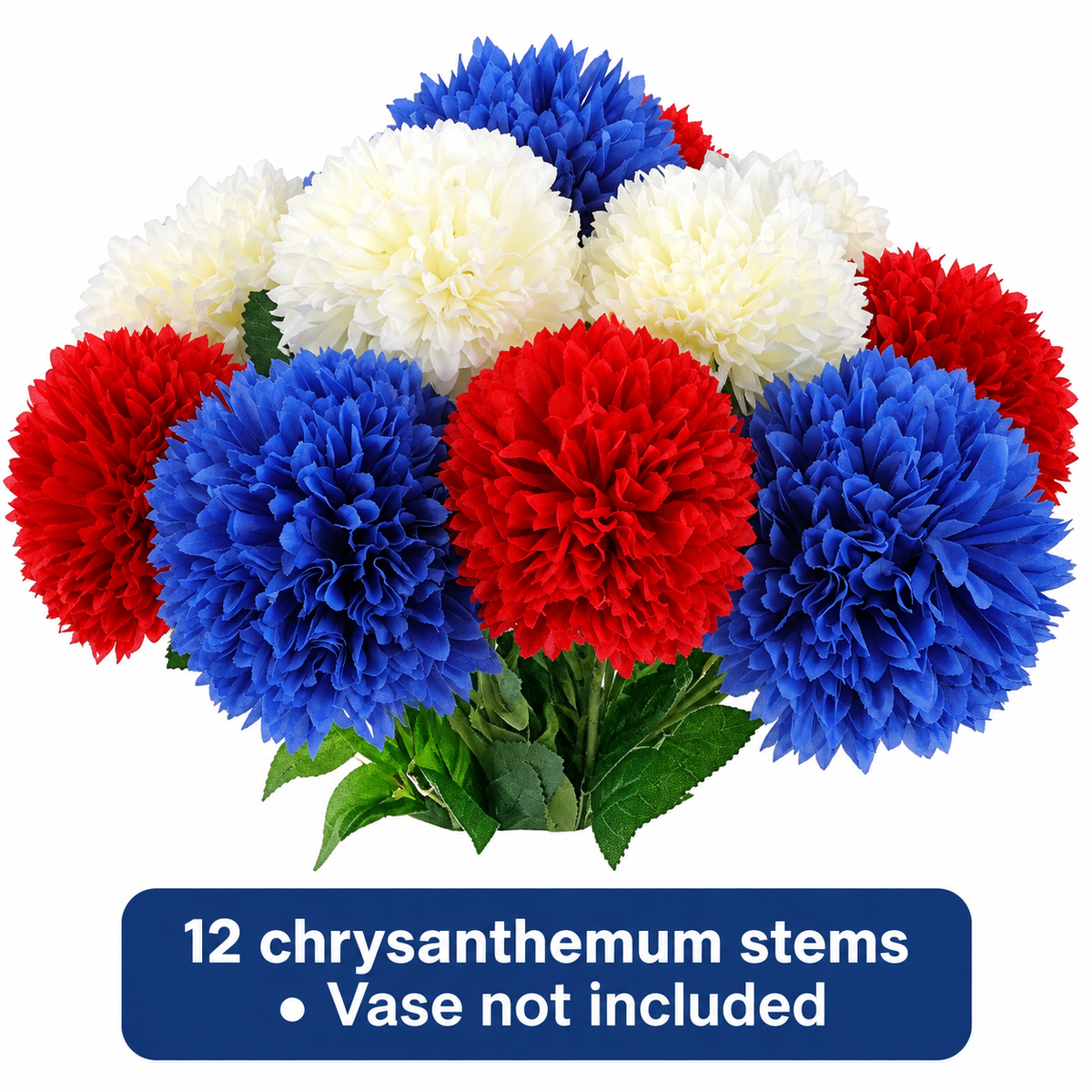 12 red, white and blue chrysanthemum stems, no vase - product detail and inclusion view 10