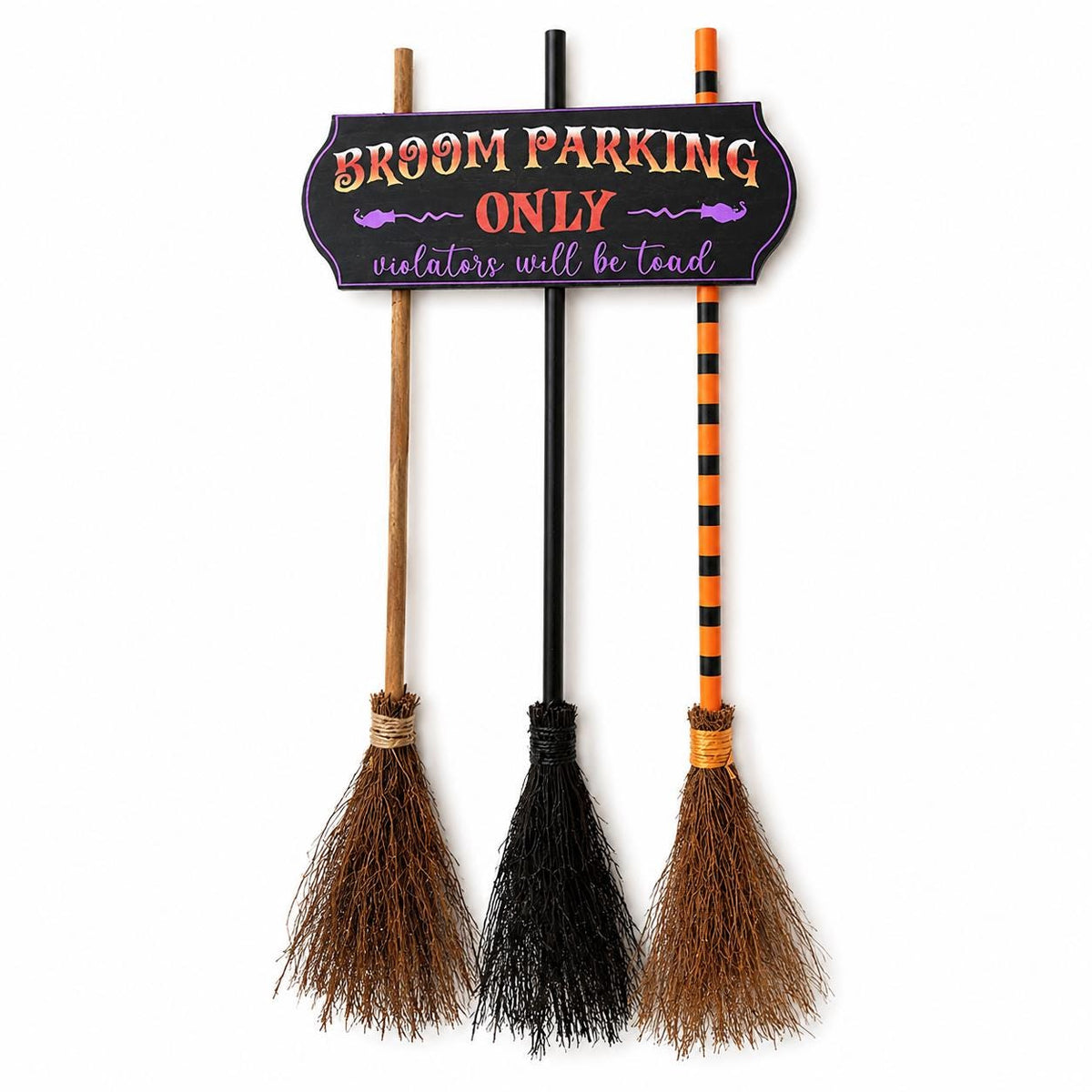 Broom Parking Sign with 3 Wooden Witch Brooms — detail view 10