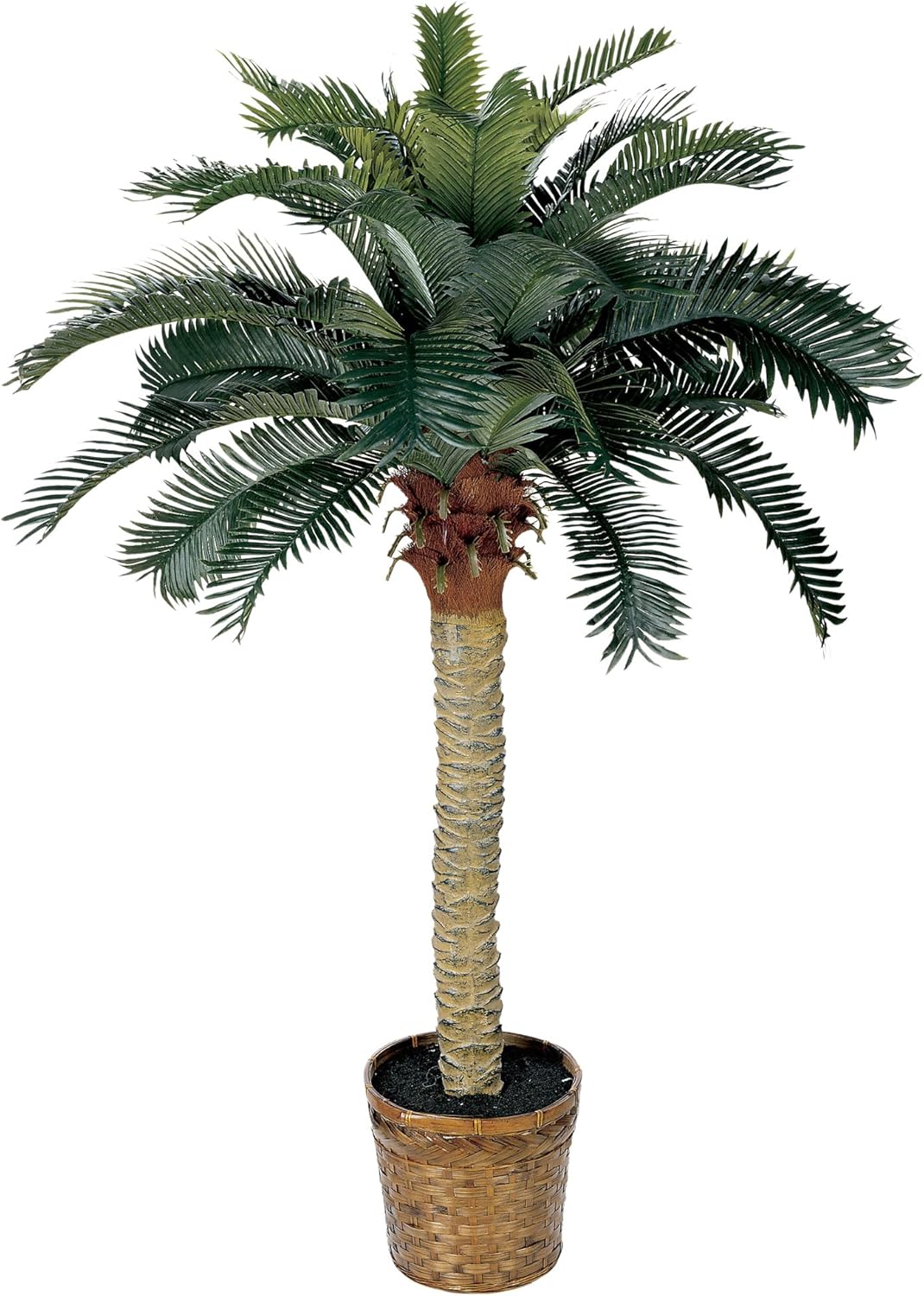 Faux palm tree styled in a bright indoor living room with a neutral planter
