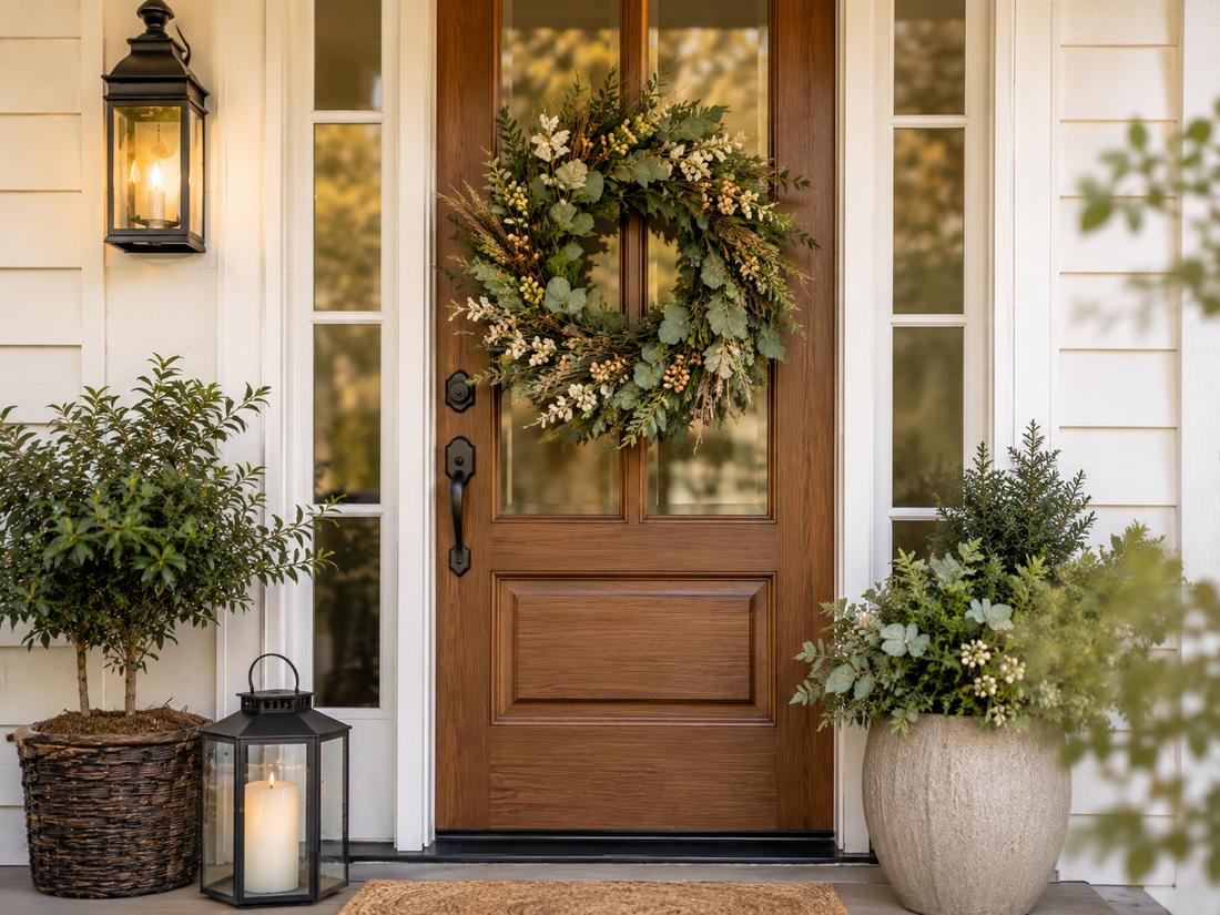 Seasonal front door wreath styled on a welcoming farmhouse porch