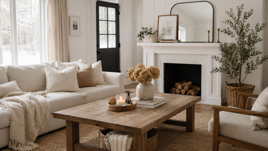 Neutral living room reset after the holidays with faux greenery and dried flowers