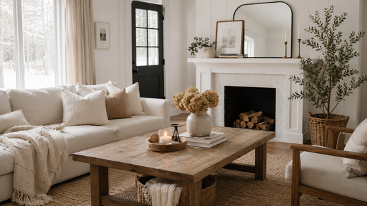 Neutral living room reset after the holidays with faux greenery and dried flowers