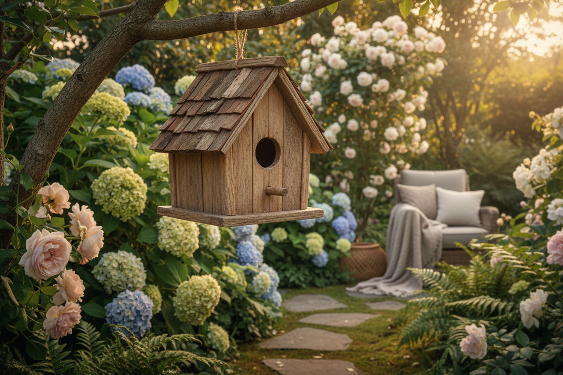 Wooden birdhouse in a garden with flowers and greenery