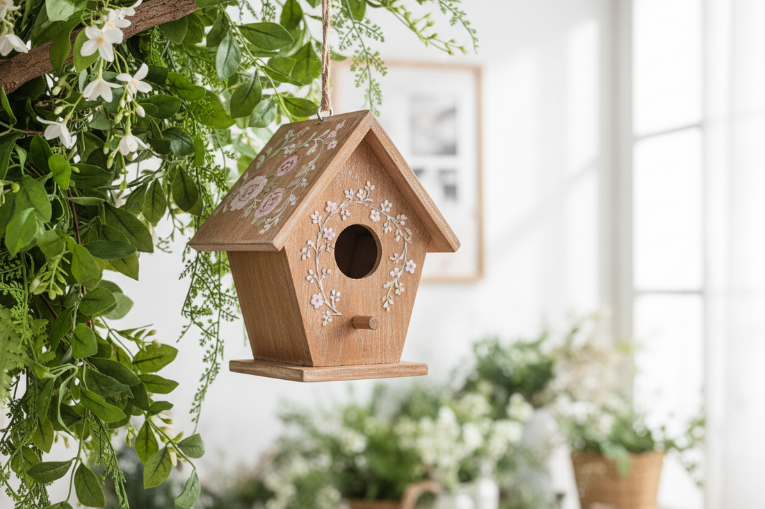 Decorative wooden birdhouse styled among flowers and greenery in a cottage garden