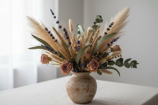 Beginner dried flower arrangement with pampas grass in a neutral vase