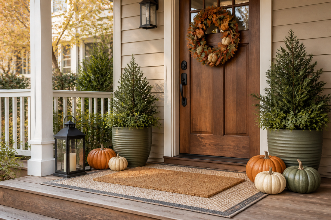 Warm layered fall front porch with wreath, planters, pumpkins, lantern, and doormat