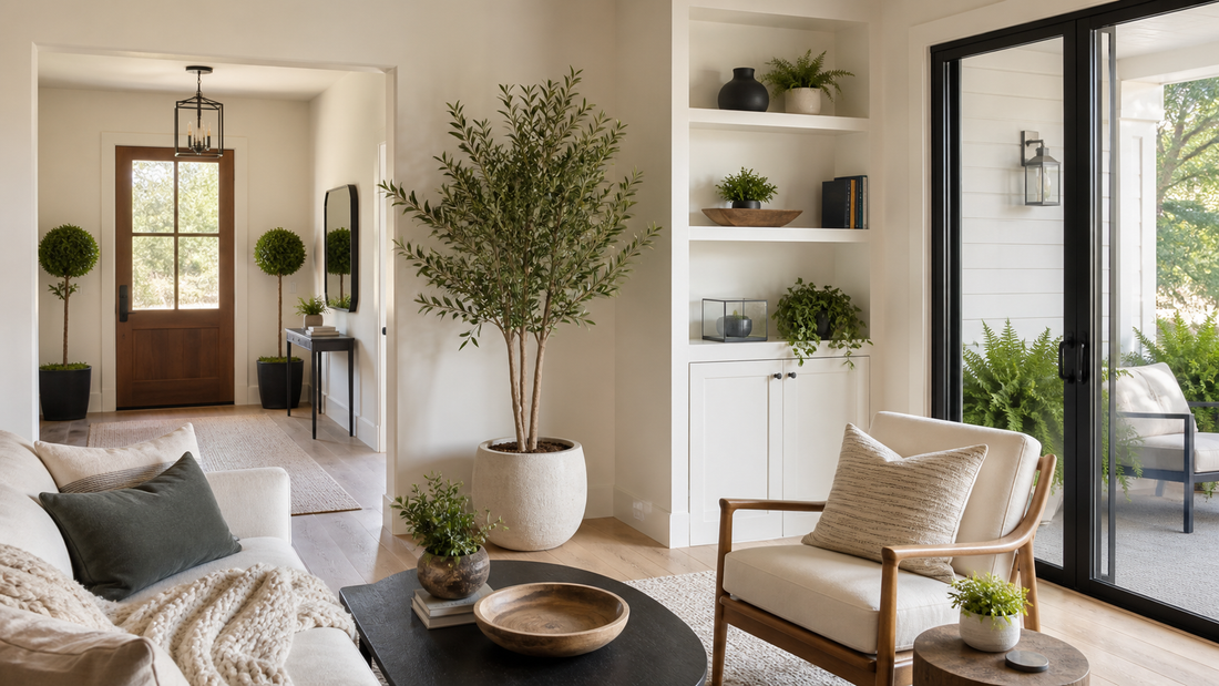 Artificial plants styled in a living room, entryway, shelves, and covered patio
