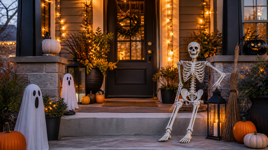 Cozy Halloween porch with skeleton, ghosts, pumpkins, lanterns, and warm string lights