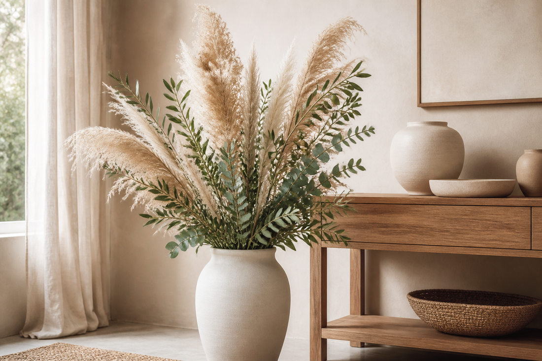 Pampas grass mixed with artificial greenery in a balanced vase arrangement