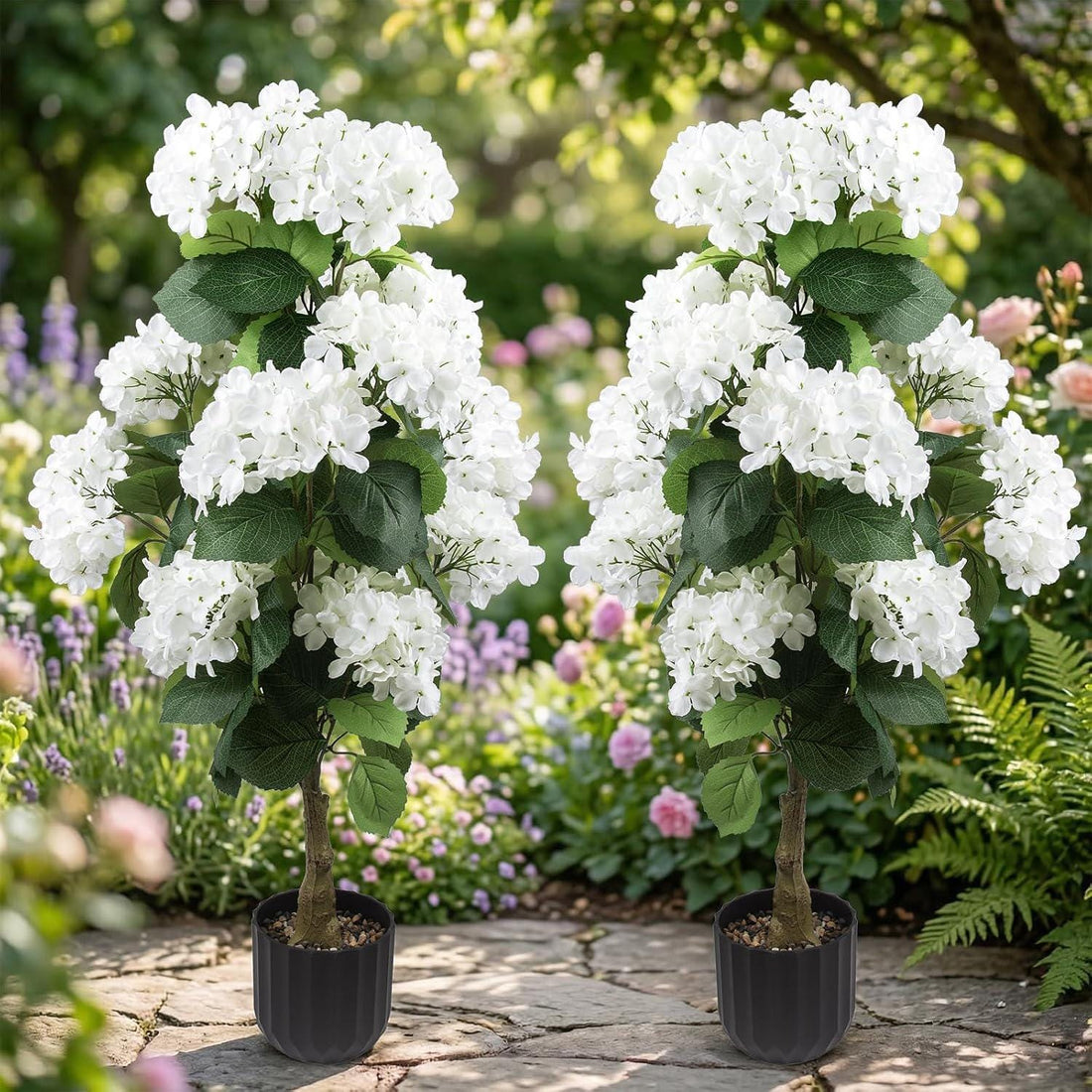Pair of three-foot faux white hydrangea topiary trees for front porch planters