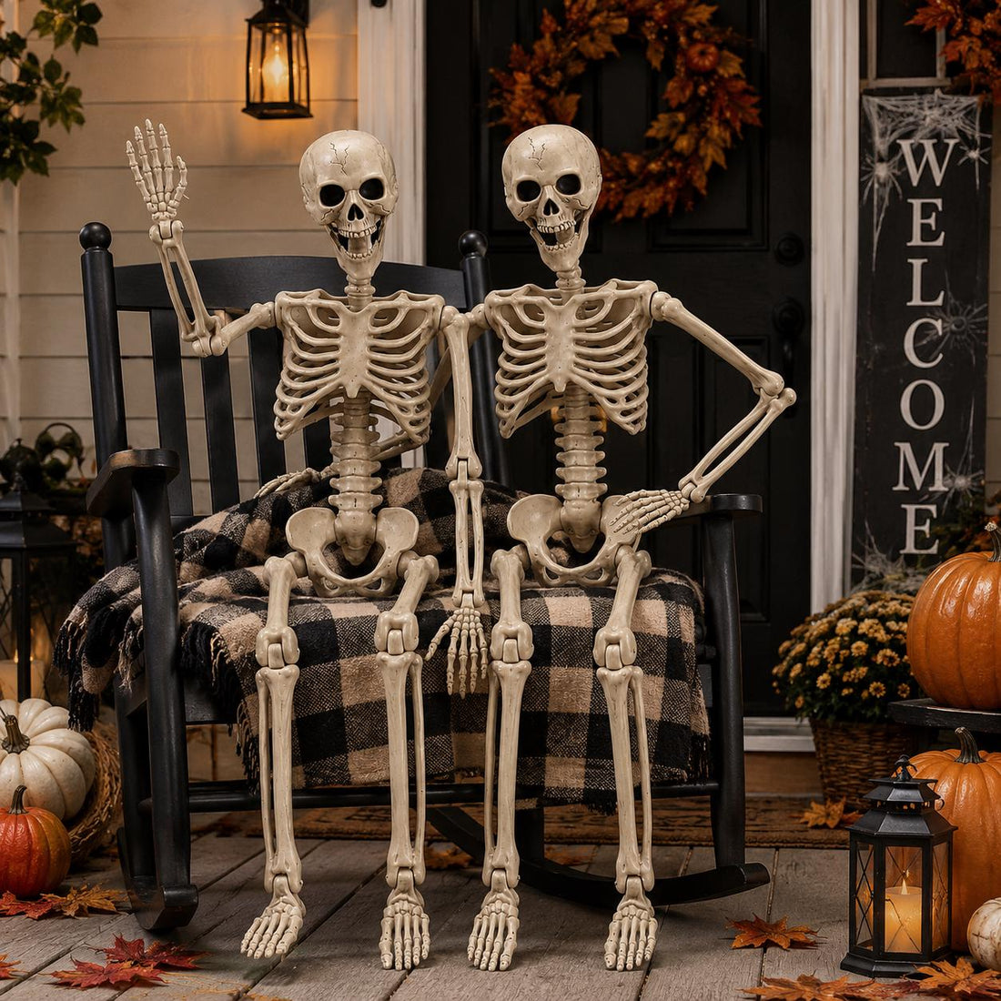 Two 40-inch posable Halloween skeletons staged together for porch decor