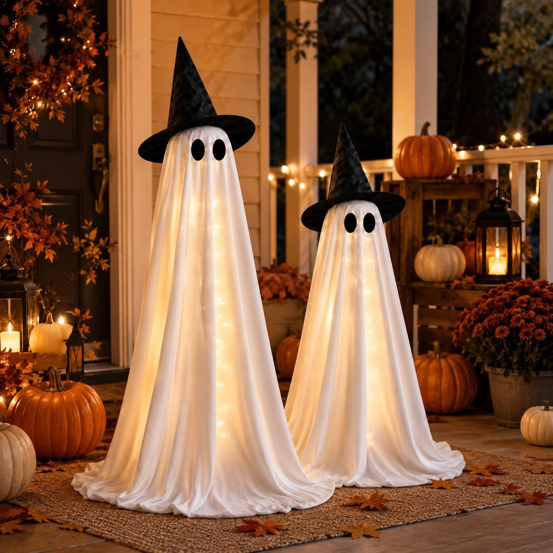 Light-up ghosts and pumpkins on a family-friendly Halloween porch