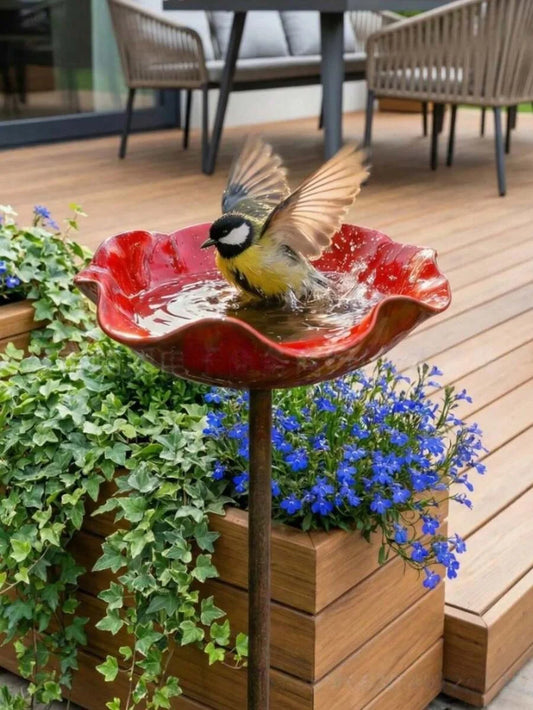 Red Floral Metal Garden Bird Feeder