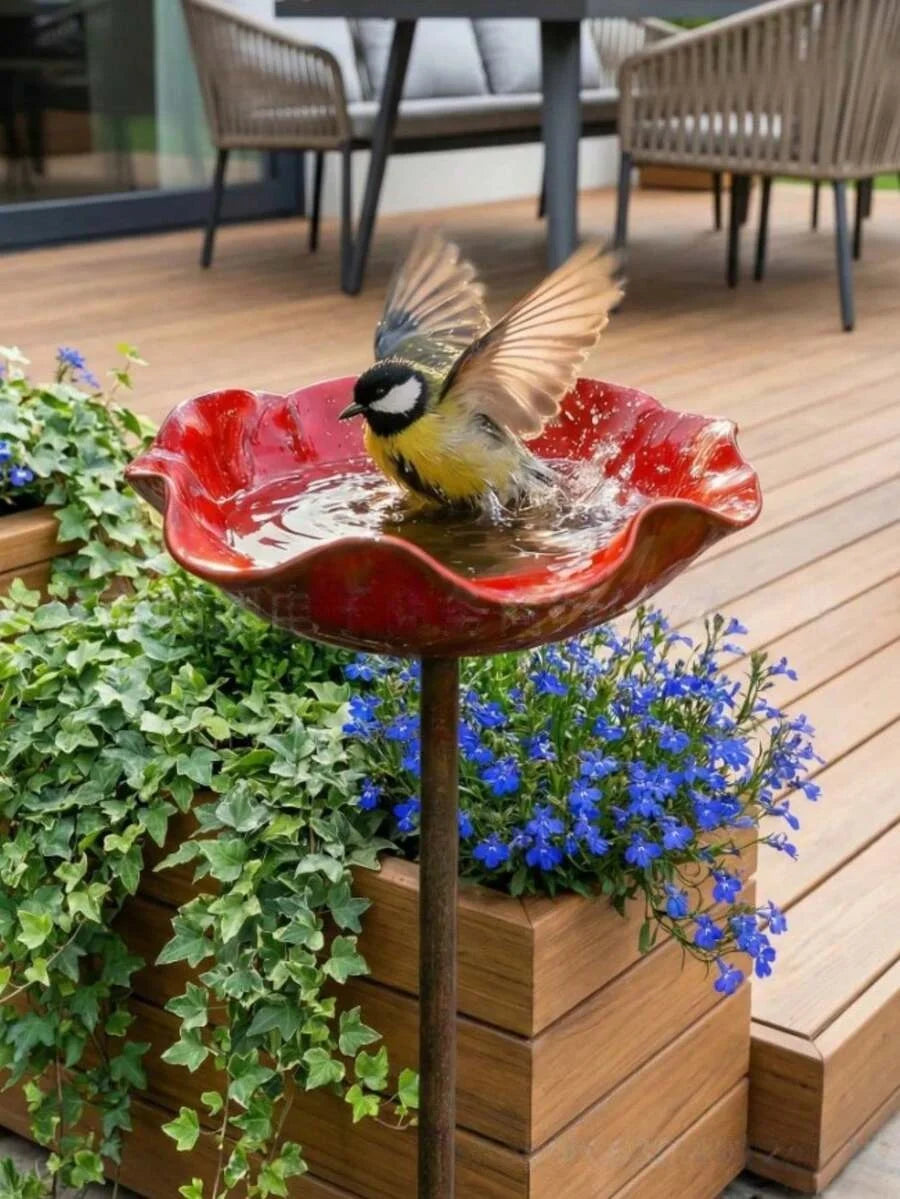 Red Floral Metal Garden Bird Feeder
