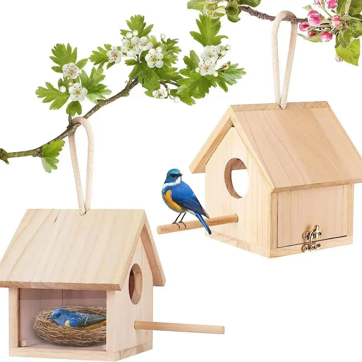 Natural Wood Hanging Birdhouse with Perch