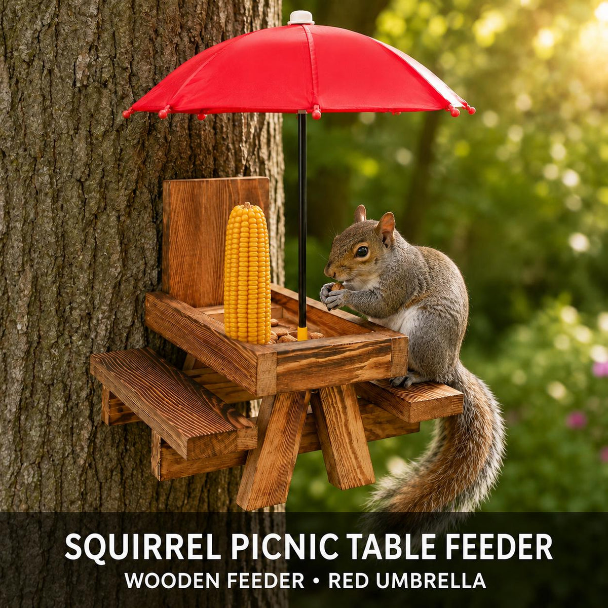 Wooden Squirrel Picnic Table Feeder with Red Umbrella, Corn Cob Holder and Two Benches for Outdoor Wildlife Feeding