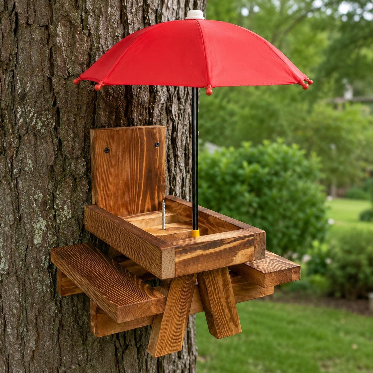 Wooden Squirrel Picnic Table Feeder with Red Umbrella, Corn Cob Holder and Two Benches for Outdoor Wildlife Feeding