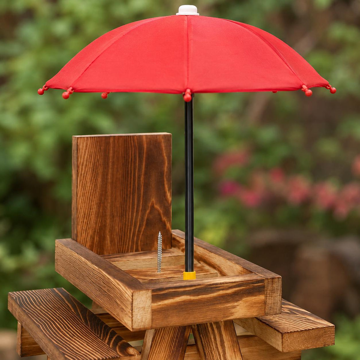 Wooden Squirrel Picnic Table Feeder with Red Umbrella, Corn Cob Holder and Two Benches for Outdoor Wildlife Feeding