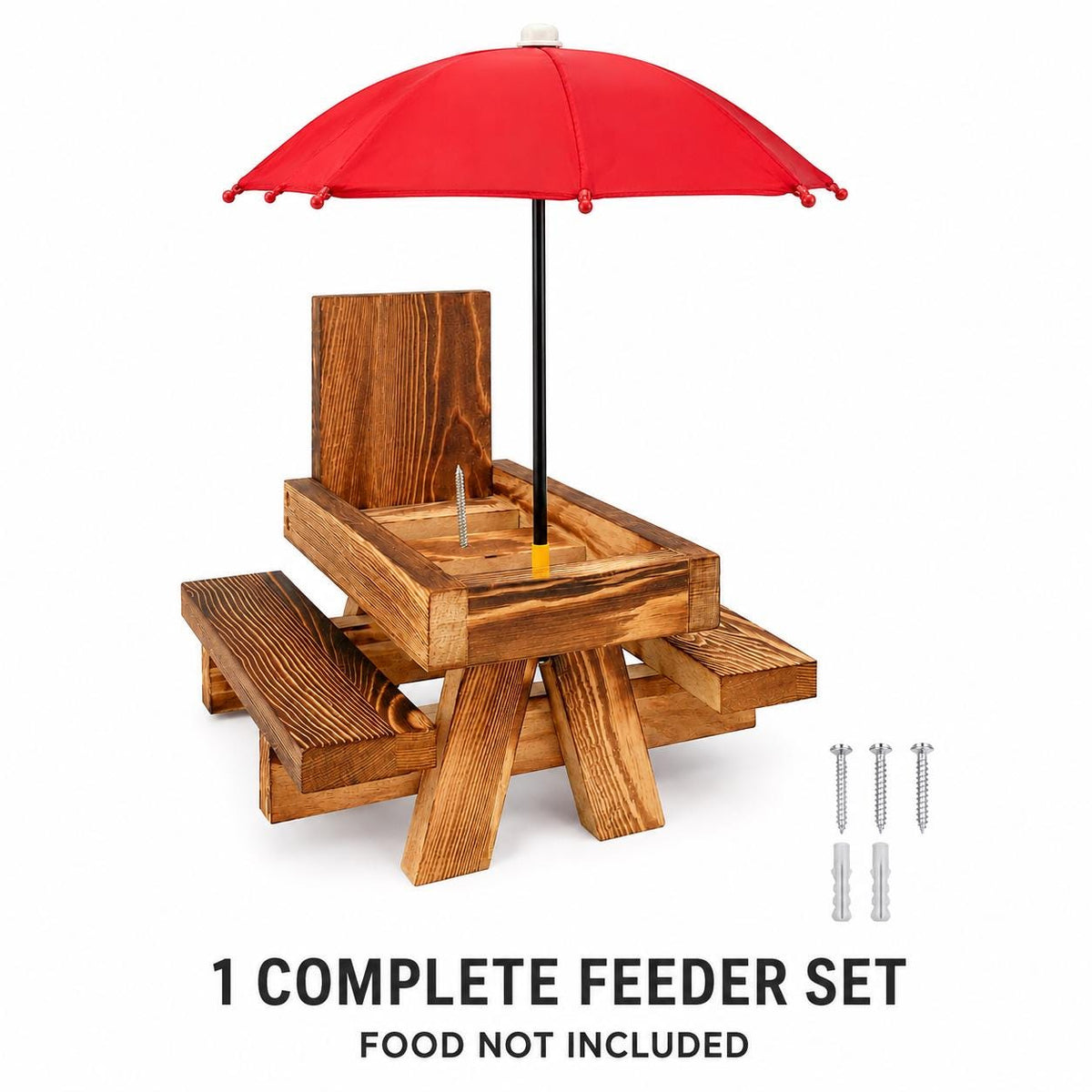 Wooden Squirrel Picnic Table Feeder with Red Umbrella, Corn Cob Holder and Two Benches for Outdoor Wildlife Feeding