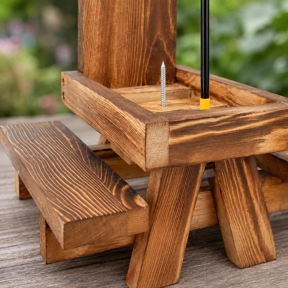 Wooden Squirrel Picnic Table Feeder with Red Umbrella, Corn Cob Holder and Two Benches for Outdoor Wildlife Feeding