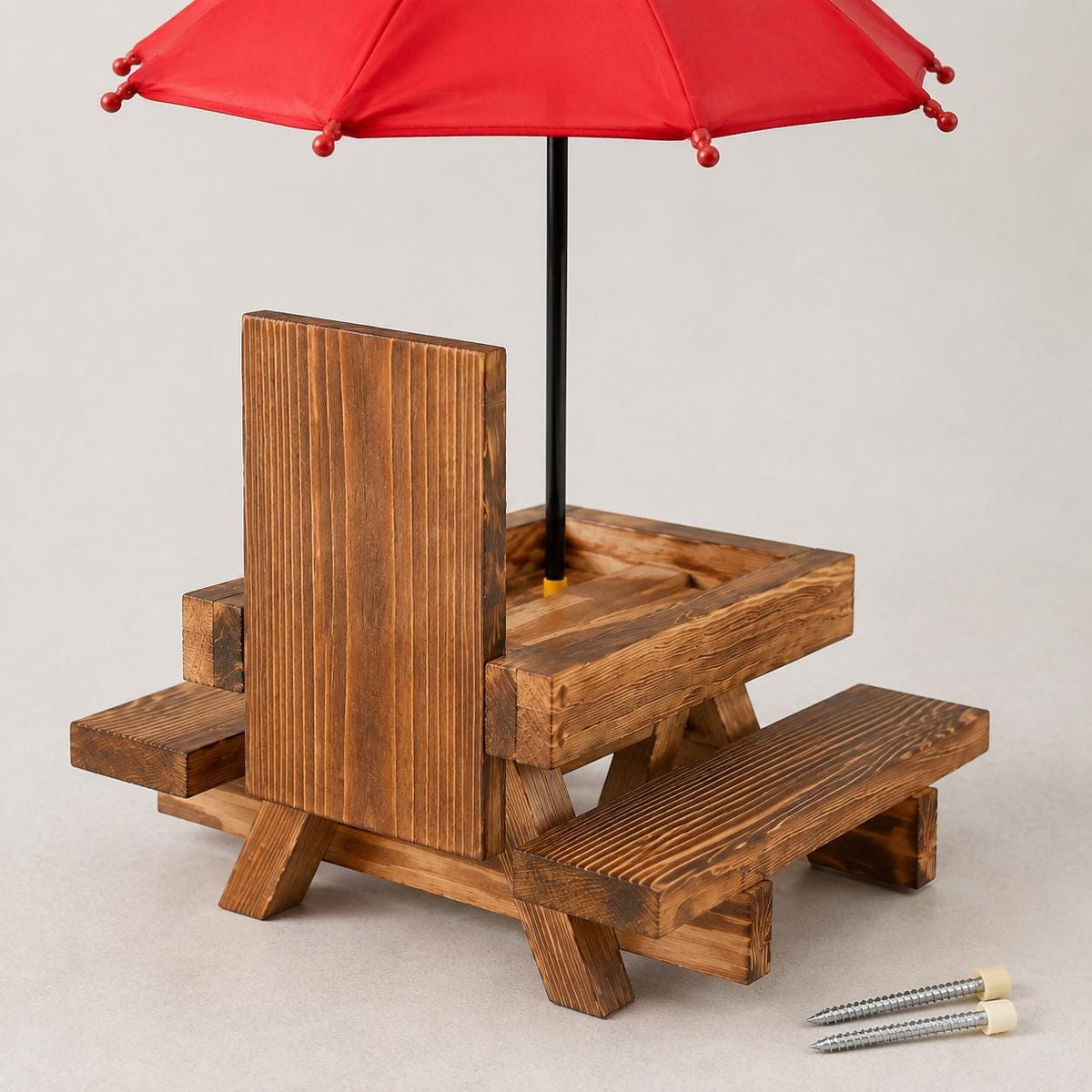 Wooden Squirrel Picnic Table Feeder with Red Umbrella, Corn Cob Holder and Two Benches for Outdoor Wildlife Feeding
