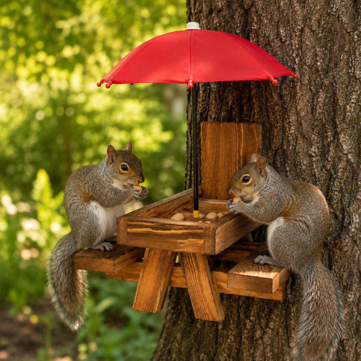 Wooden Squirrel Picnic Table Feeder with Red Umbrella, Corn Cob Holder and Two Benches for Outdoor Wildlife Feeding