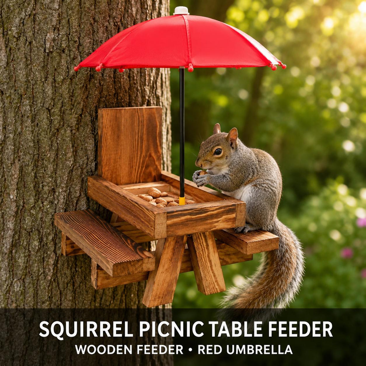 Wooden Squirrel Picnic Table Feeder with Red Umbrella, Corn Cob Holder and Two Benches for Outdoor Wildlife Feeding