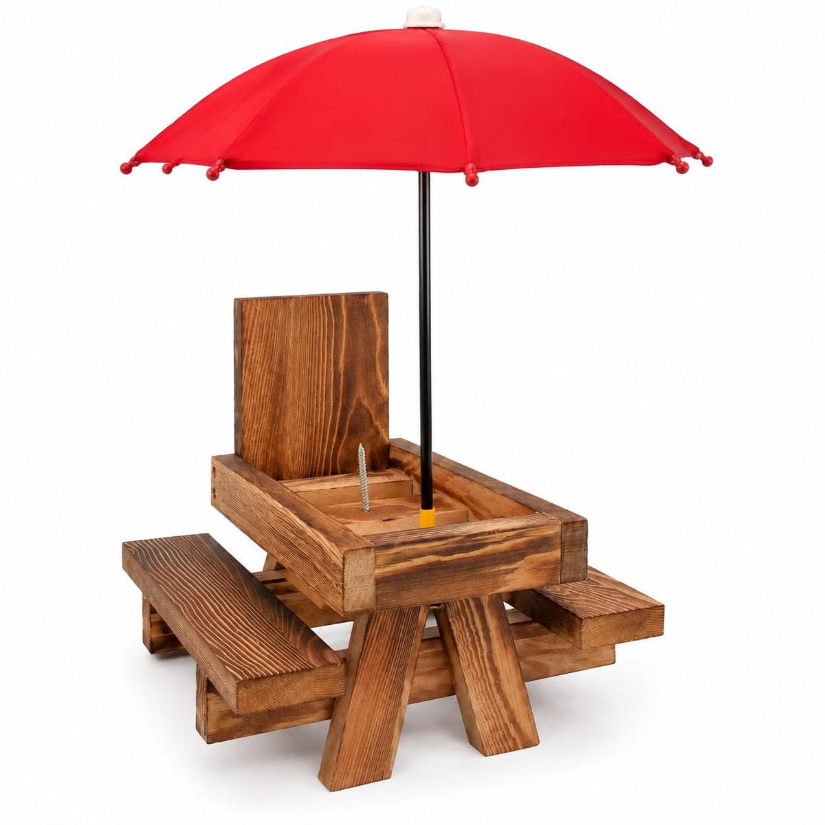Wooden Squirrel Picnic Table Feeder with Red Umbrella, Corn Cob Holder and Two Benches for Outdoor Wildlife Feeding
