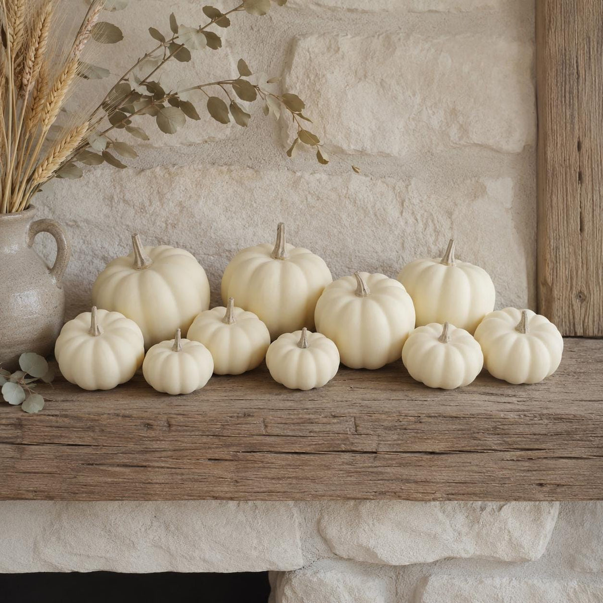 Mini Ivory Pumpkin Set of 10, Foam Pumpkins for Painting, Neutral Harvest Tabletop Mantel and Fall Centerpiece Decor