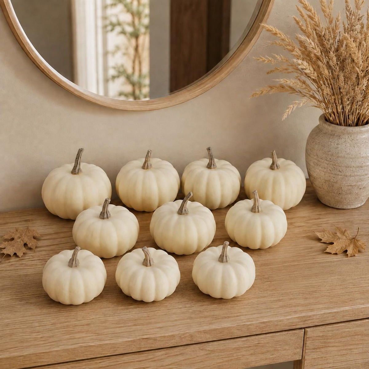 Mini Ivory Pumpkin Set of 10, Foam Pumpkins for Painting, Neutral Harvest Tabletop Mantel and Fall Centerpiece Decor