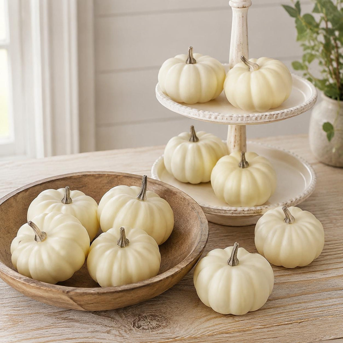Mini Ivory Pumpkin Set of 10, Foam Pumpkins for Painting, Neutral Harvest Tabletop Mantel and Fall Centerpiece Decor