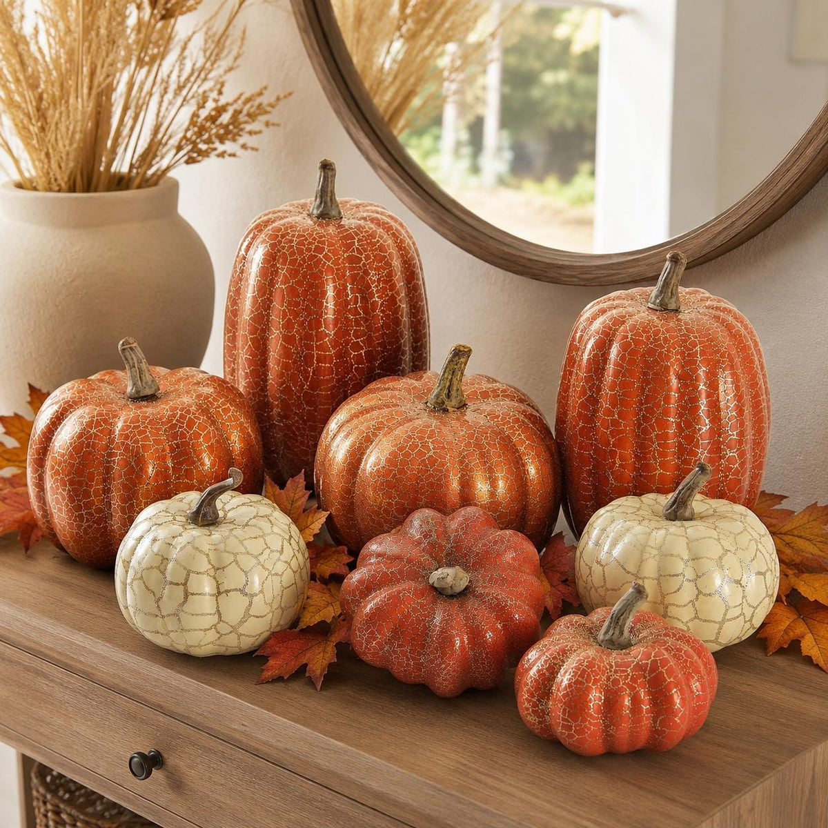 8 Metallic Crackle Pumpkins, Orange and Cream Foam Fall Decor Set, Halloween Thanksgiving Mantel Tabletop Centerpiece