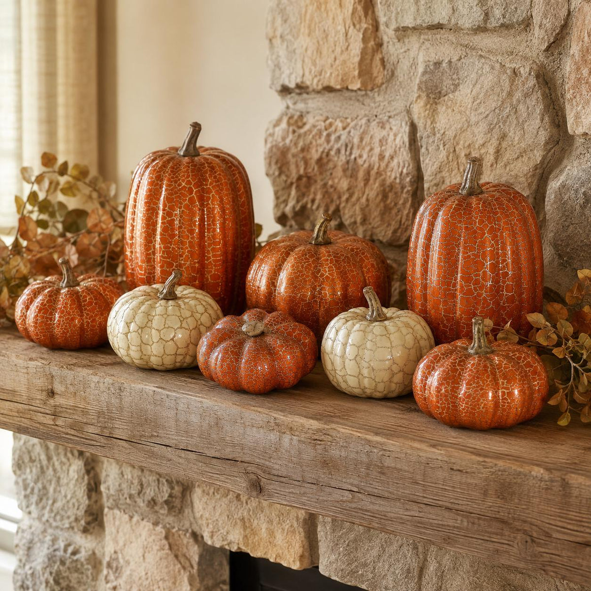 8 Metallic Crackle Pumpkins, Orange and Cream Foam Fall Decor Set, Halloween Thanksgiving Mantel Tabletop Centerpiece