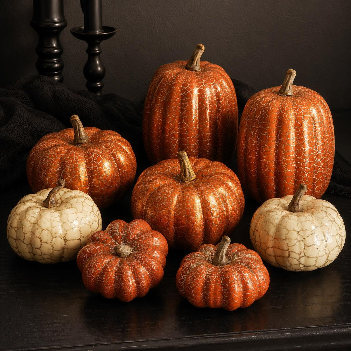 8 Metallic Crackle Pumpkins, Orange and Cream Foam Fall Decor Set, Halloween Thanksgiving Mantel Tabletop Centerpiece