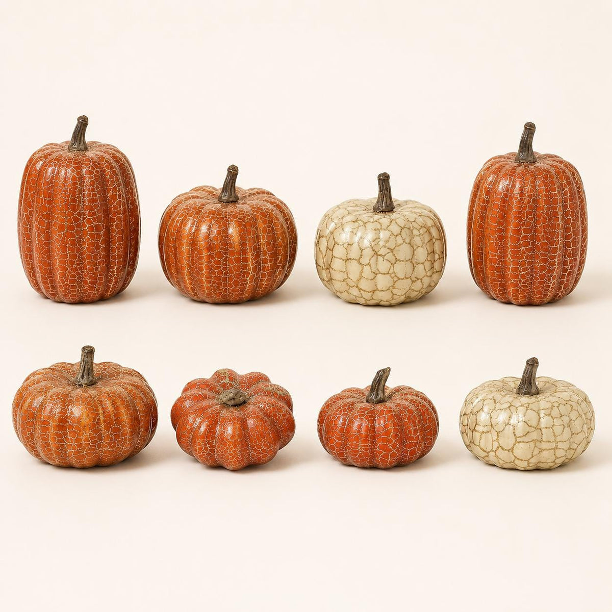 8 Metallic Crackle Pumpkins, Orange and Cream Foam Fall Decor Set, Halloween Thanksgiving Mantel Tabletop Centerpiece