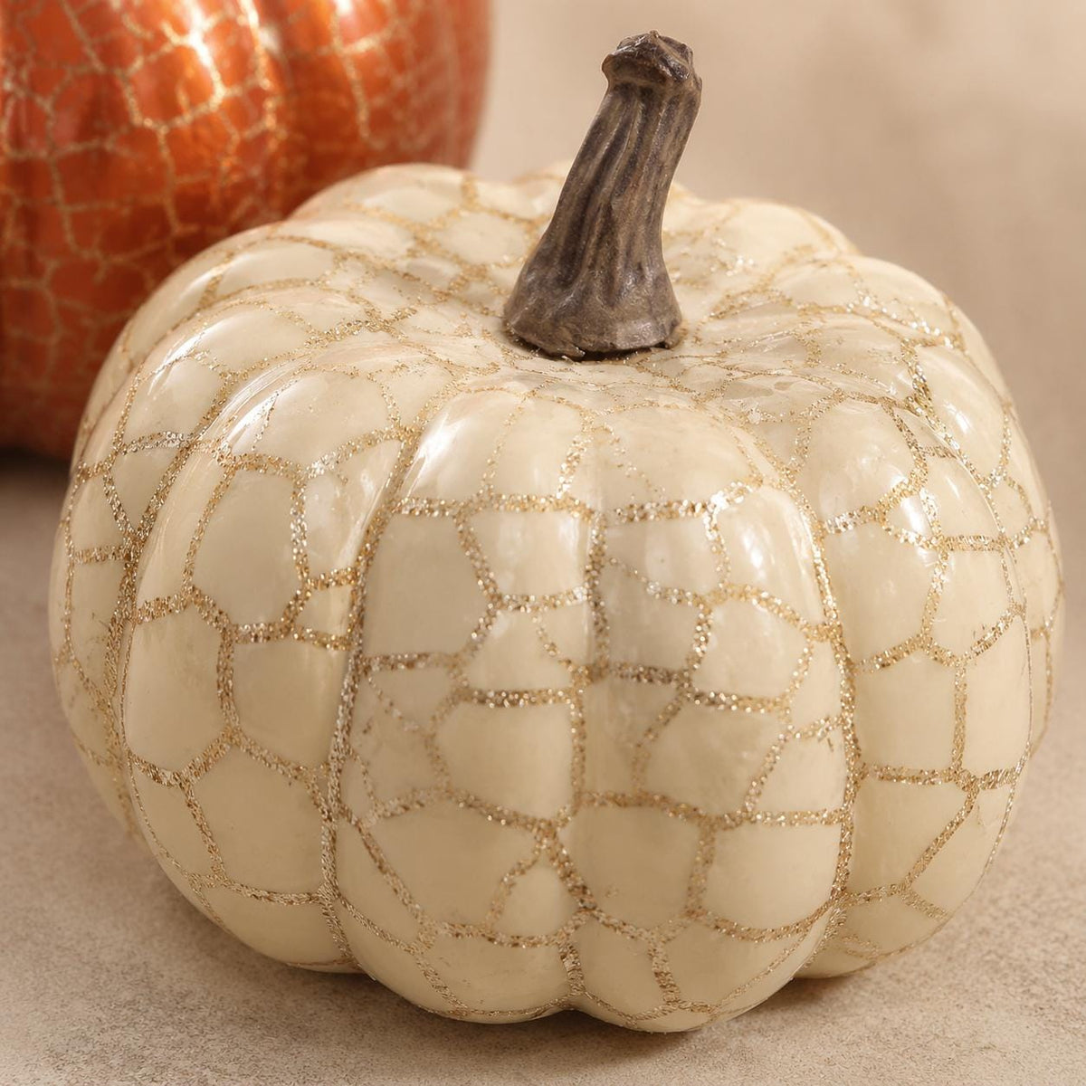 8 Metallic Crackle Pumpkins, Orange and Cream Foam Fall Decor Set, Halloween Thanksgiving Mantel Tabletop Centerpiece