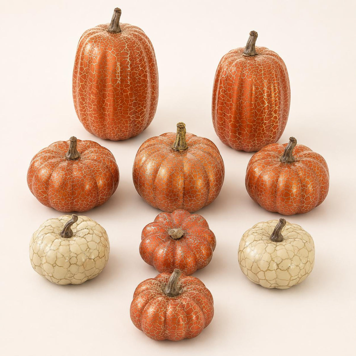 8 Metallic Crackle Pumpkins, Orange and Cream Foam Fall Decor Set, Halloween Thanksgiving Mantel Tabletop Centerpiece