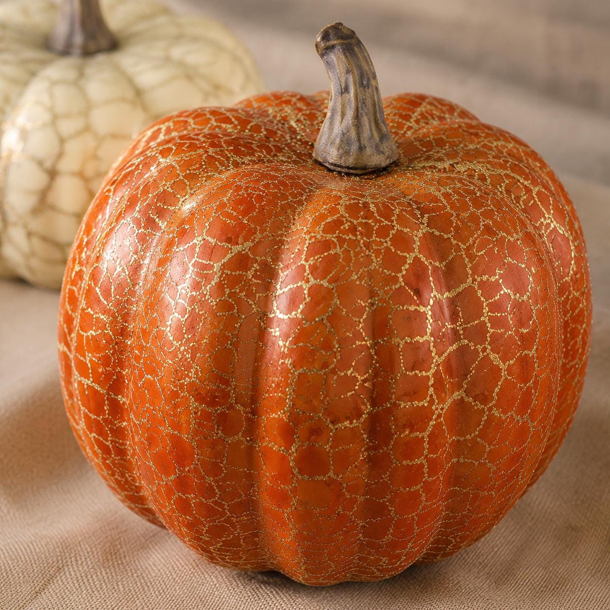 8 Metallic Crackle Pumpkins, Orange and Cream Foam Fall Decor Set, Halloween Thanksgiving Mantel Tabletop Centerpiece